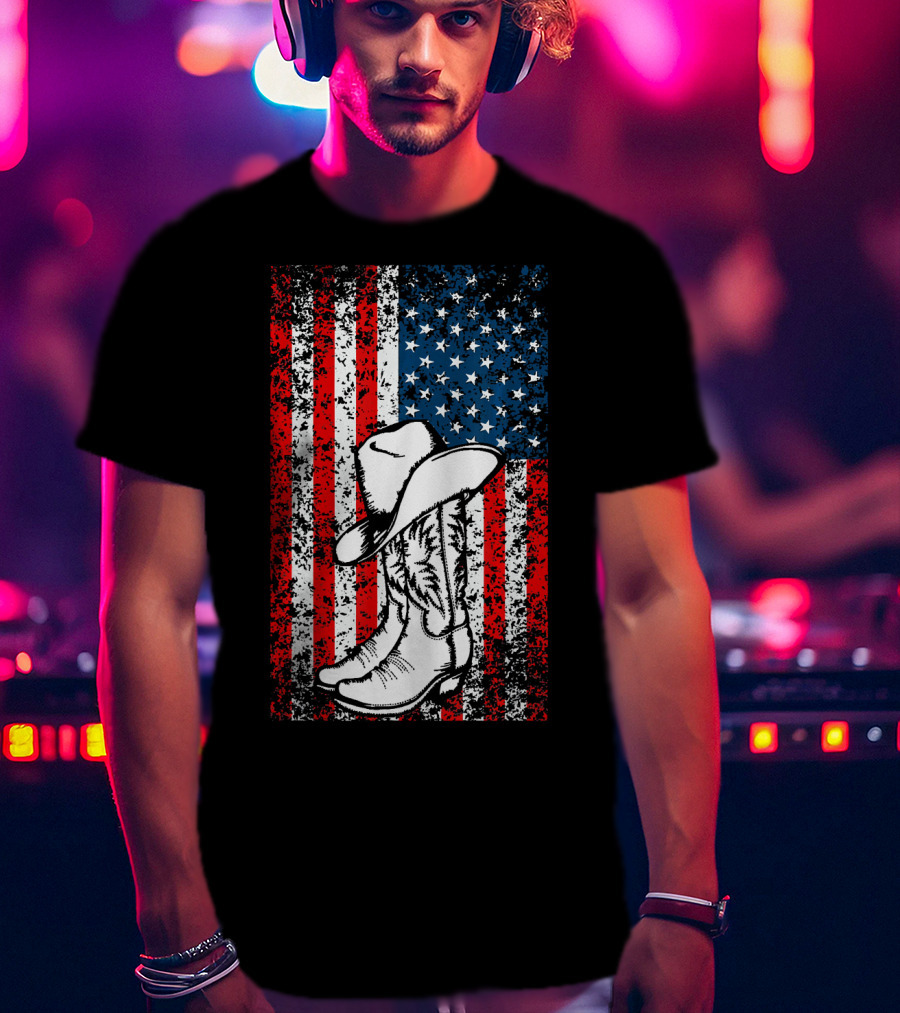 Cowboy Hat Boots American Flag Patriotic T-Shirt