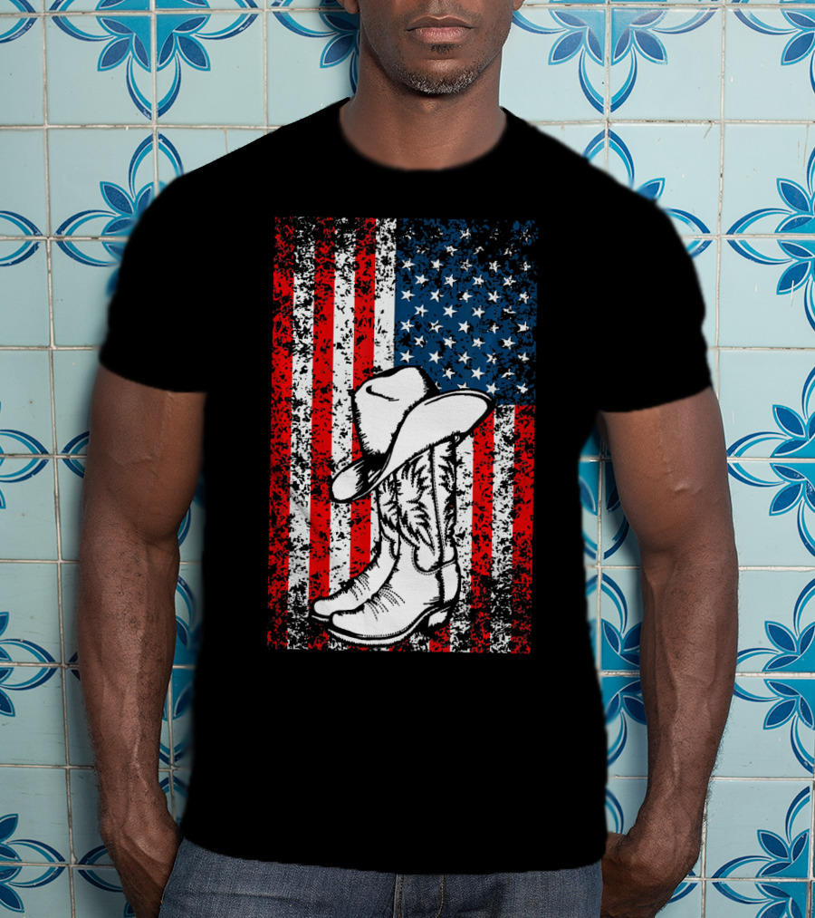 Cowboy Hat Boots American Flag Patriotic T-Shirt