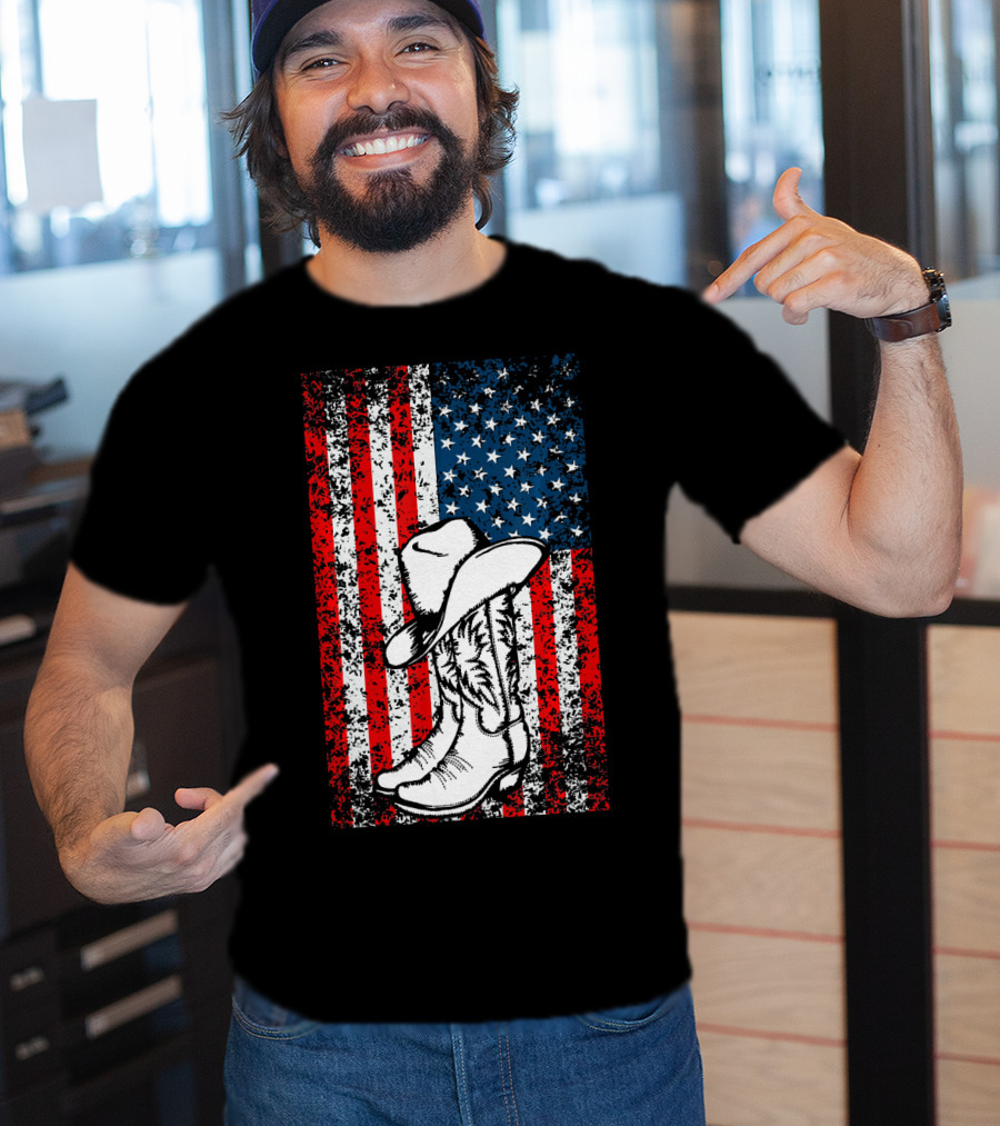 Cowboy Hat Boots American Flag Patriotic T-Shirt
