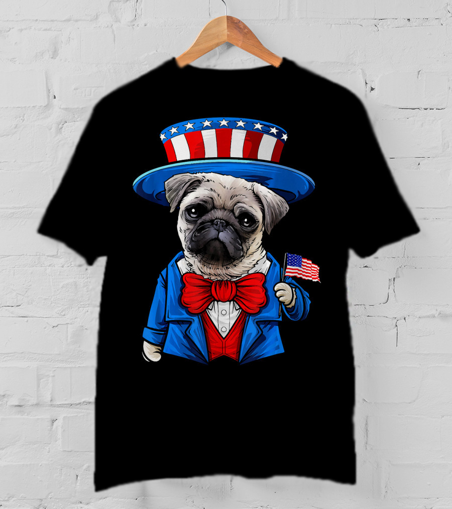 Uncle Sam Pug Holding American Flag Fourth Of July Dog Humor T-Shirt