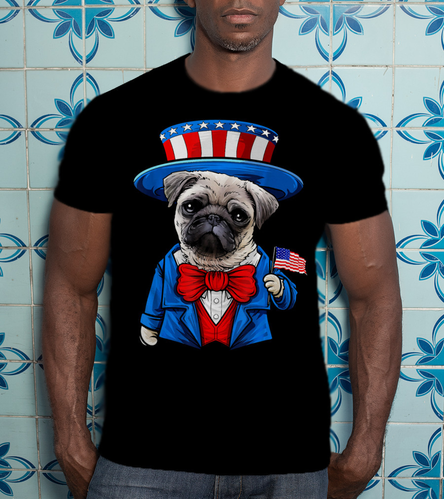 Uncle Sam Pug Holding American Flag Fourth Of July Dog Humor T-Shirt