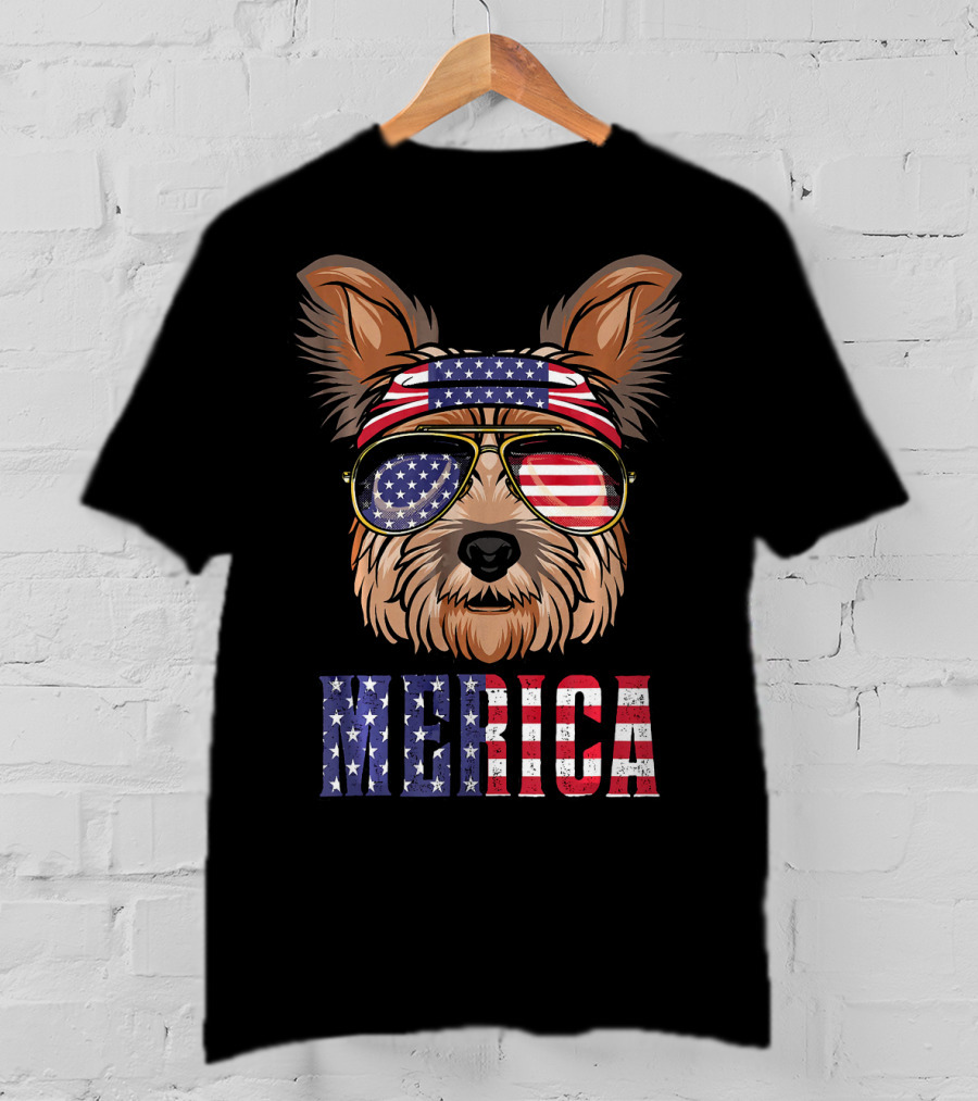 Yorkie Dog Merica American Flag Sunglasses Bandana T-Shirt