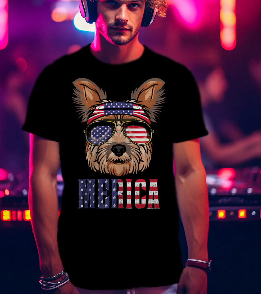Yorkie Dog Merica American Flag Sunglasses Bandana T-Shirt