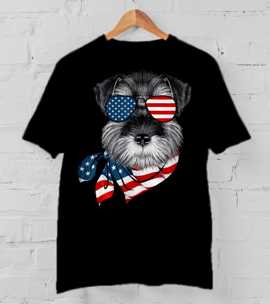 Schnauzer With American Flag Sunglasses And Scarf Patriotic T-Shirt