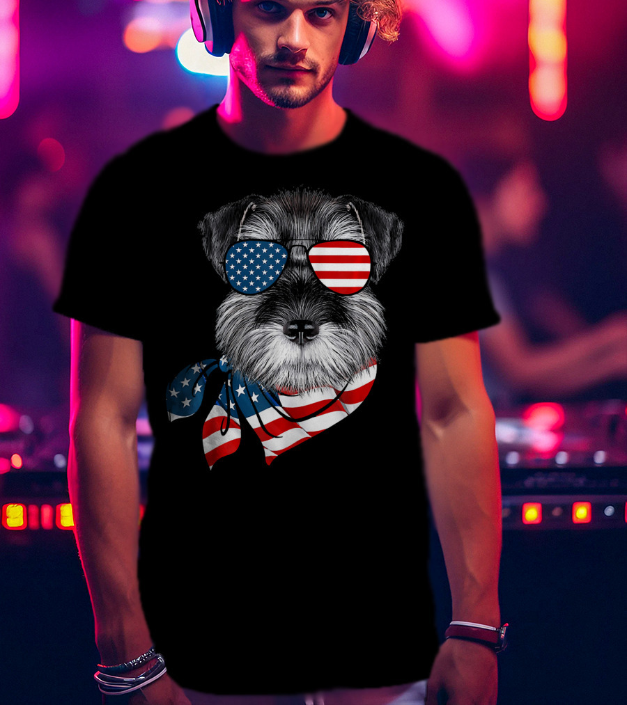 Schnauzer With American Flag Sunglasses And Scarf Patriotic T-Shirt