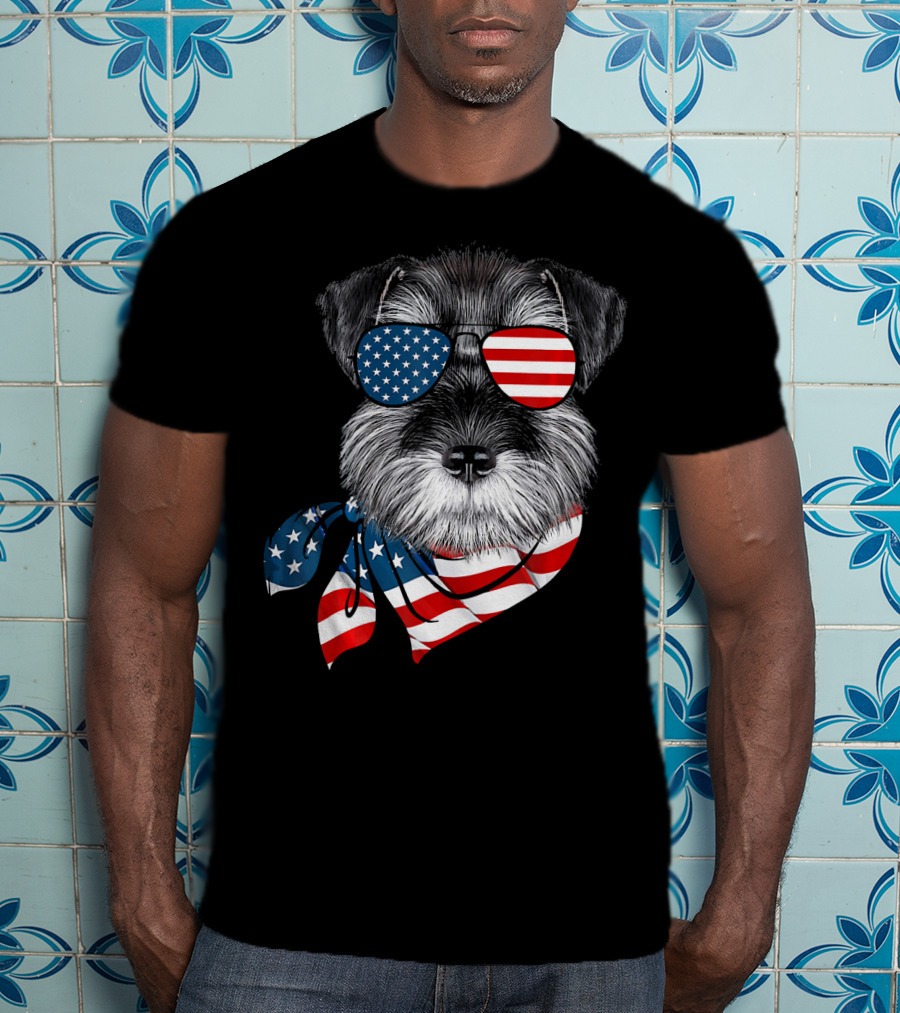 Schnauzer With American Flag Sunglasses And Scarf Patriotic T-Shirt