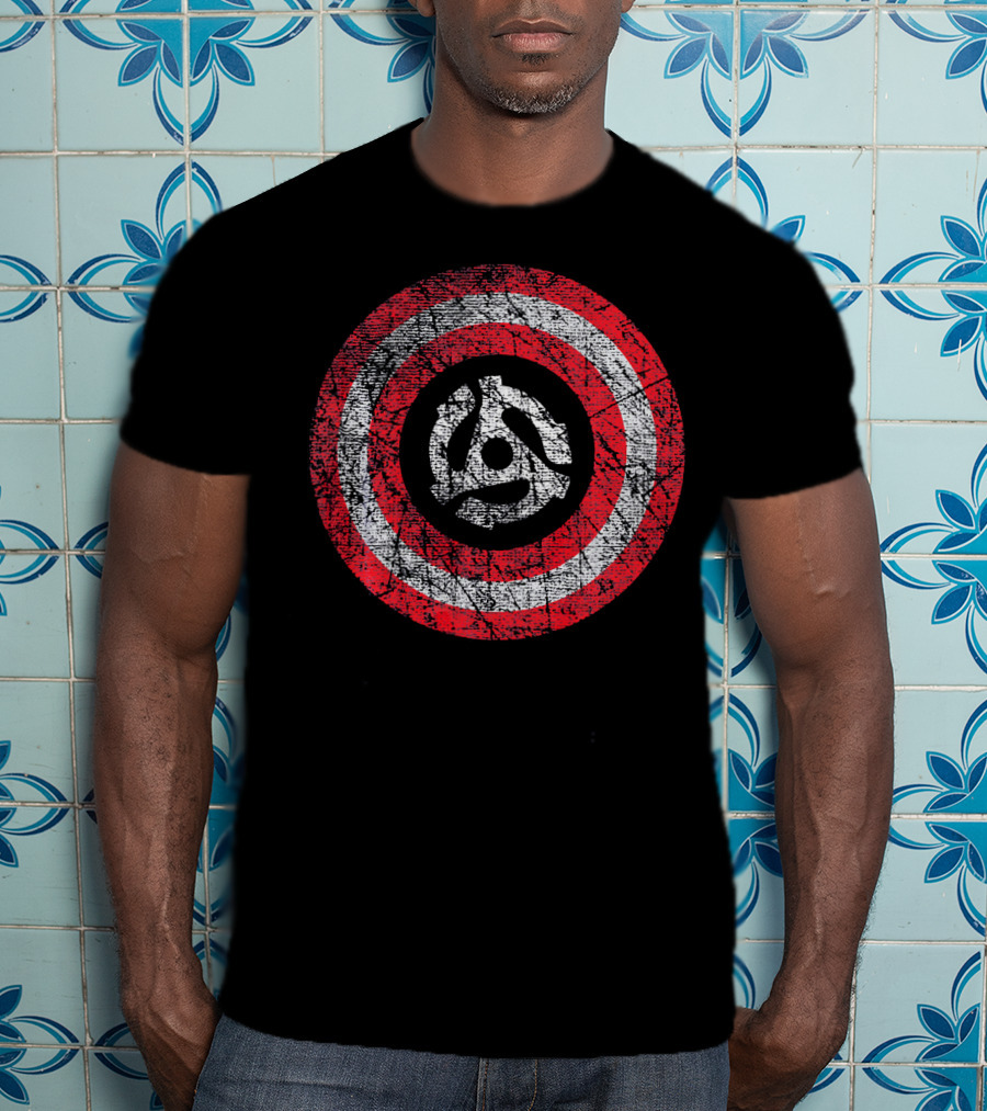 Patriotic Distressed Vinyl 45 RPM Adapter Red White Stripes T-Shirt