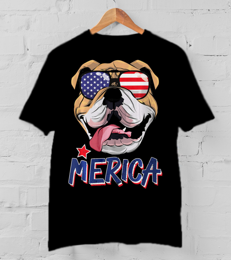 English Bulldog Merica Sunglasses Fourth Of July T-Shirt