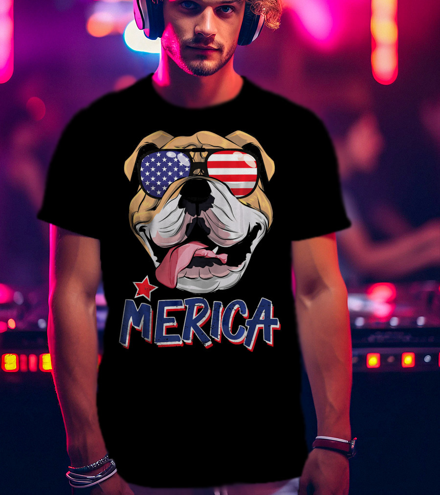 English Bulldog Merica Sunglasses Fourth Of July T-Shirt