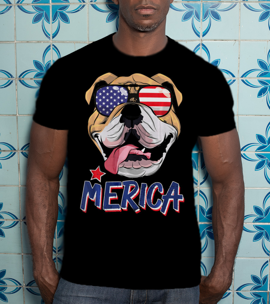 English Bulldog Merica Sunglasses Fourth Of July T-Shirt