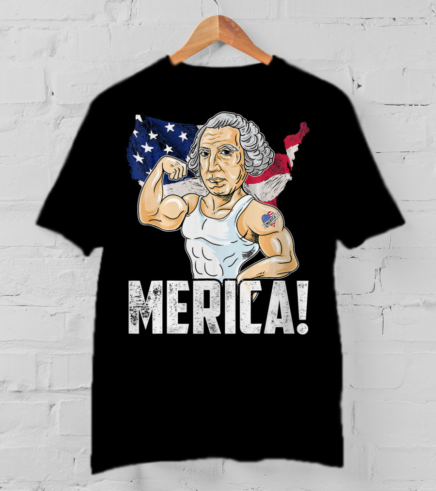 George Washington Muscles Merica USA Flag Background T-Shirt