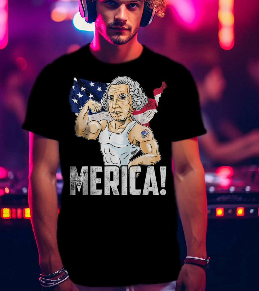 George Washington Muscles Merica USA Flag Background T-Shirt