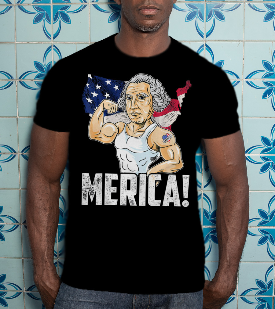 George Washington Muscles Merica USA Flag Background T-Shirt