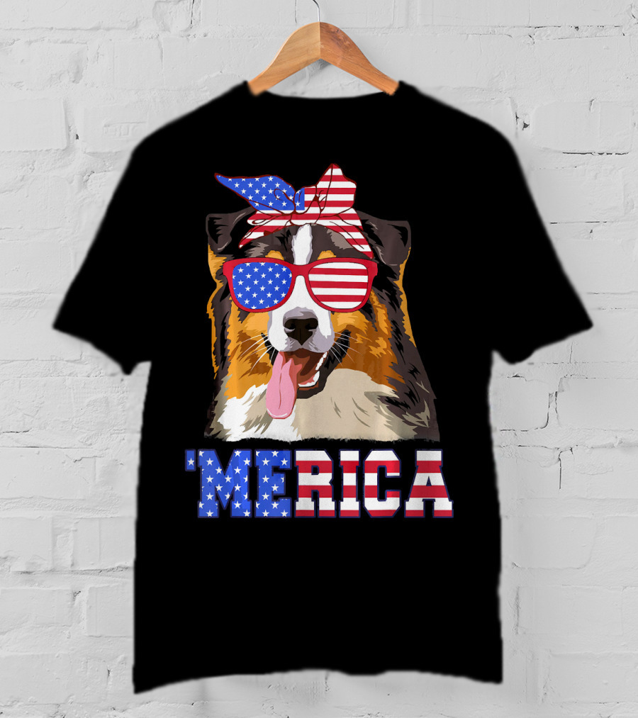 Aussie Dog Mom 'Merica American Flag Sunglasses And Bandana T-Shirt