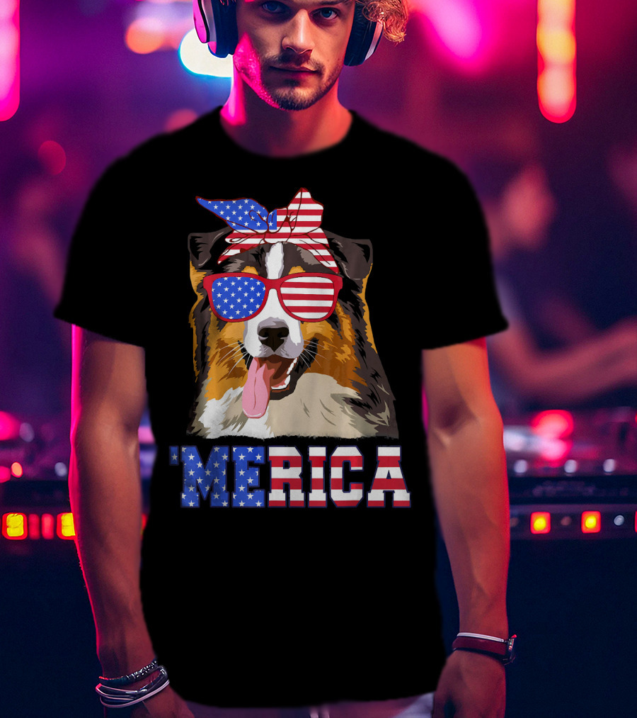 Aussie Dog Mom 'Merica American Flag Sunglasses And Bandana T-Shirt