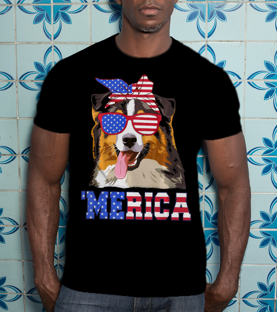 Aussie Dog Mom 'Merica American Flag Sunglasses And Bandana T-Shirt