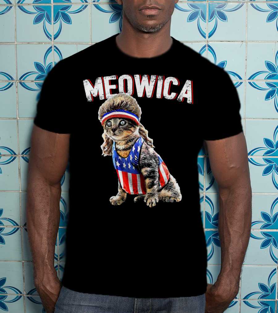 Meowica Cat Mullet American Flag Headband Stars And Stripes Tank Top T-Shirt