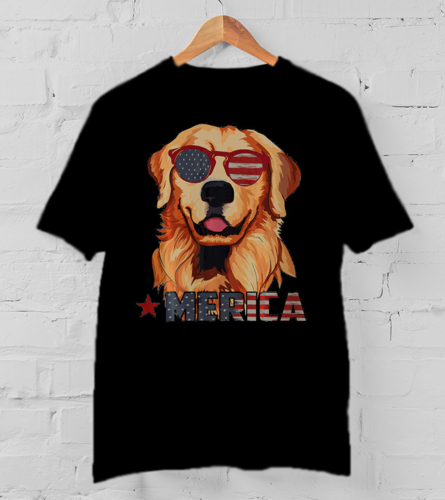 Merica Dog With USA Flag Sunglasses T-Shirt
