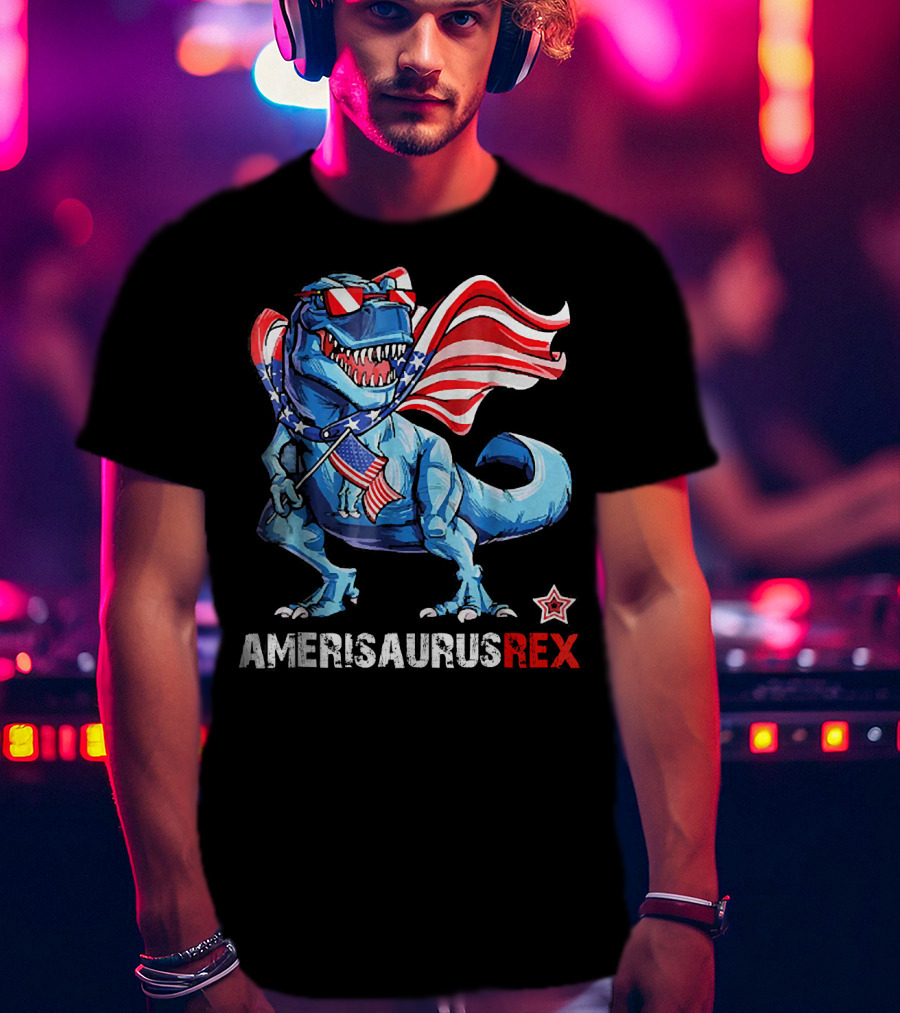 Amerisaurus Rex Patriotic Dinosaur With USA Flag And Stars T-Shirt