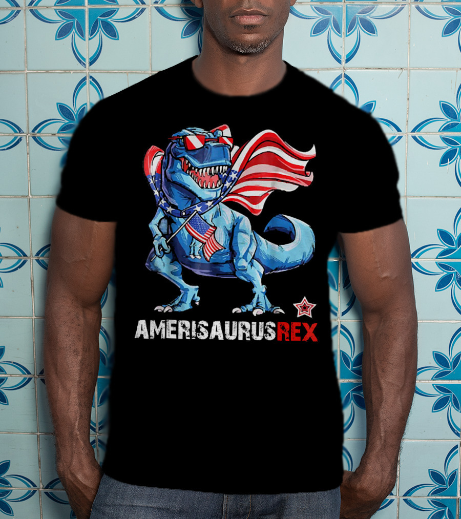 Amerisaurus Rex Patriotic Dinosaur With USA Flag And Stars T-Shirt
