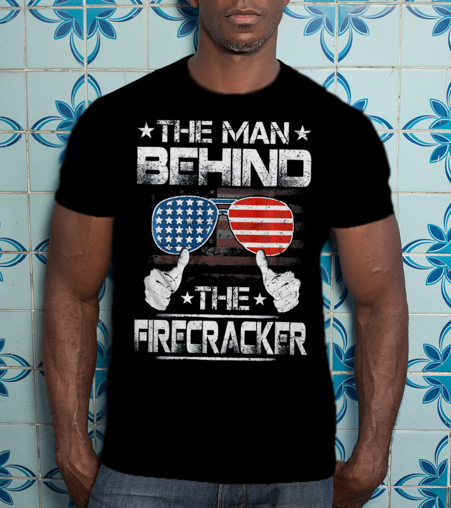 The Man Behind The Firecracker Patriotic American Flag Sunglasses And Thumbs Up T-Shirt