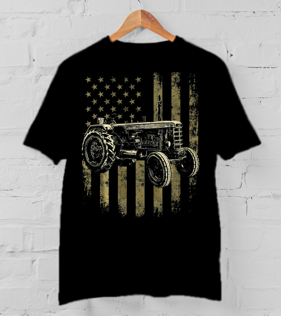 Patriotic Vintage Tractor With American Flag Background T-Shirt