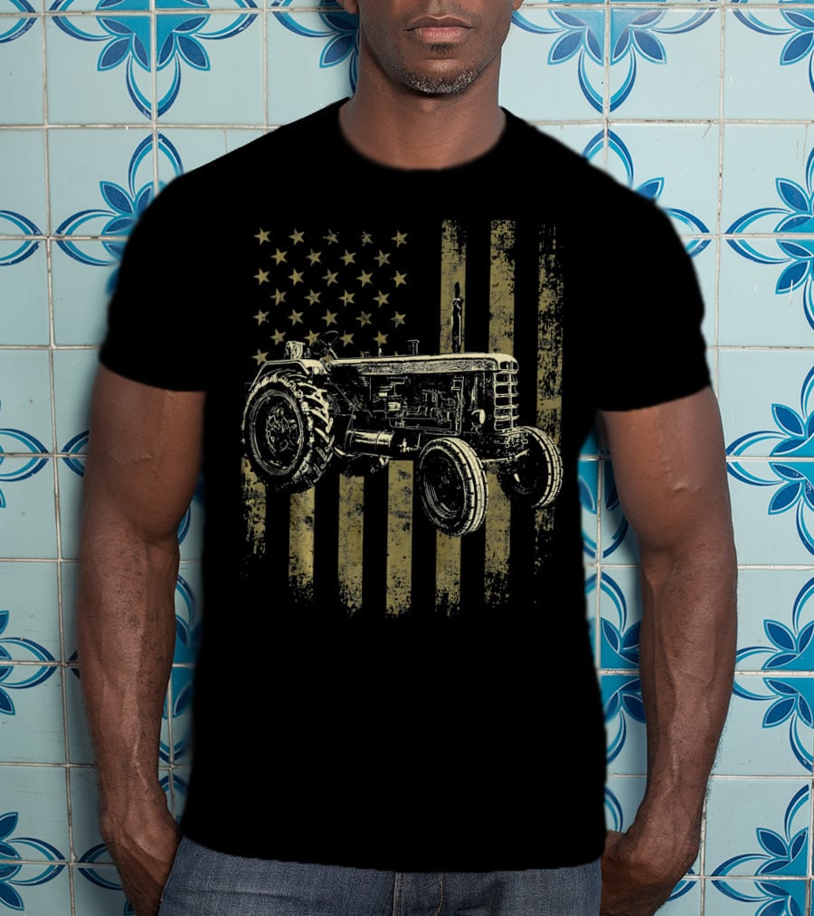 Patriotic Vintage Tractor With American Flag Background T-Shirt