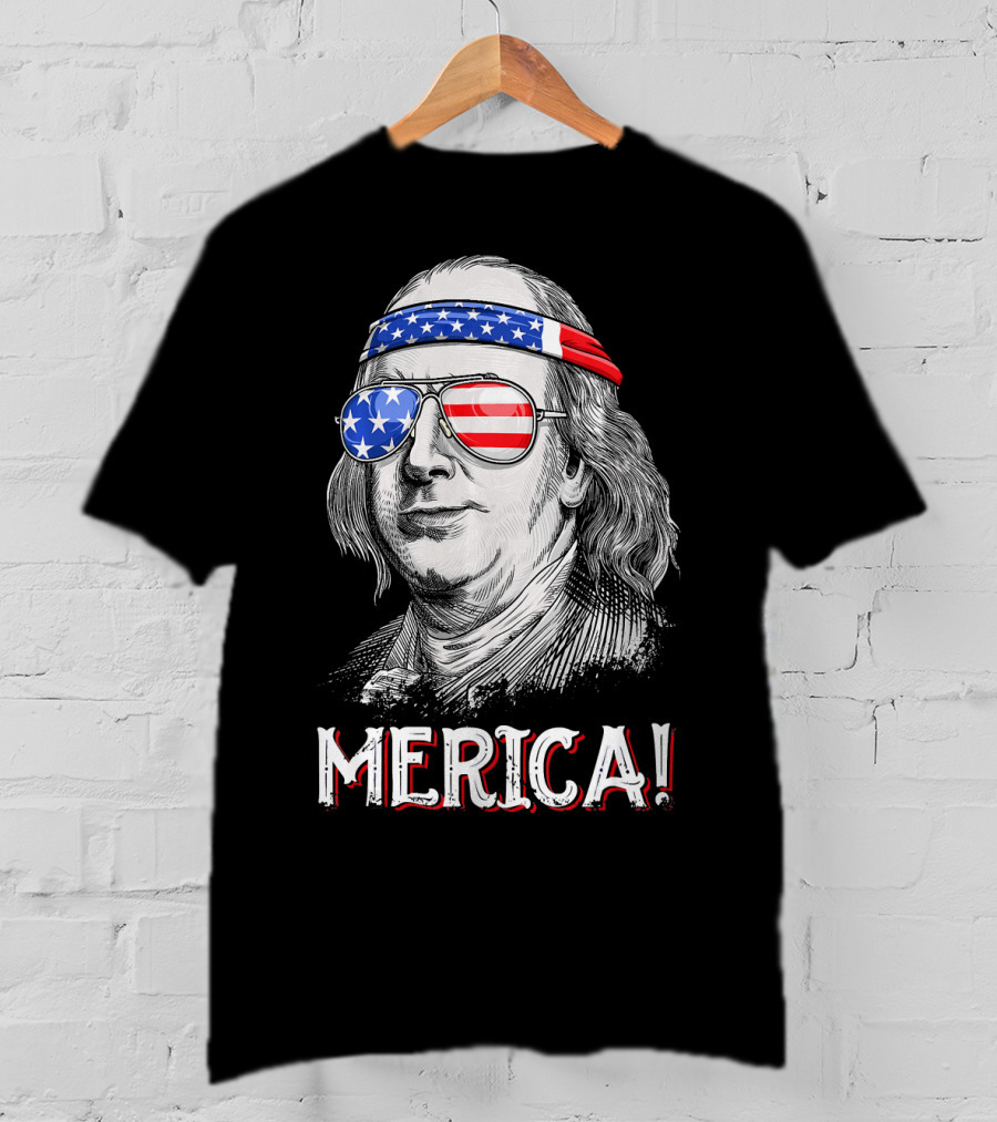 Benjamin Franklin Merica Patriotic USA Bandana Sunglasses T-Shirt