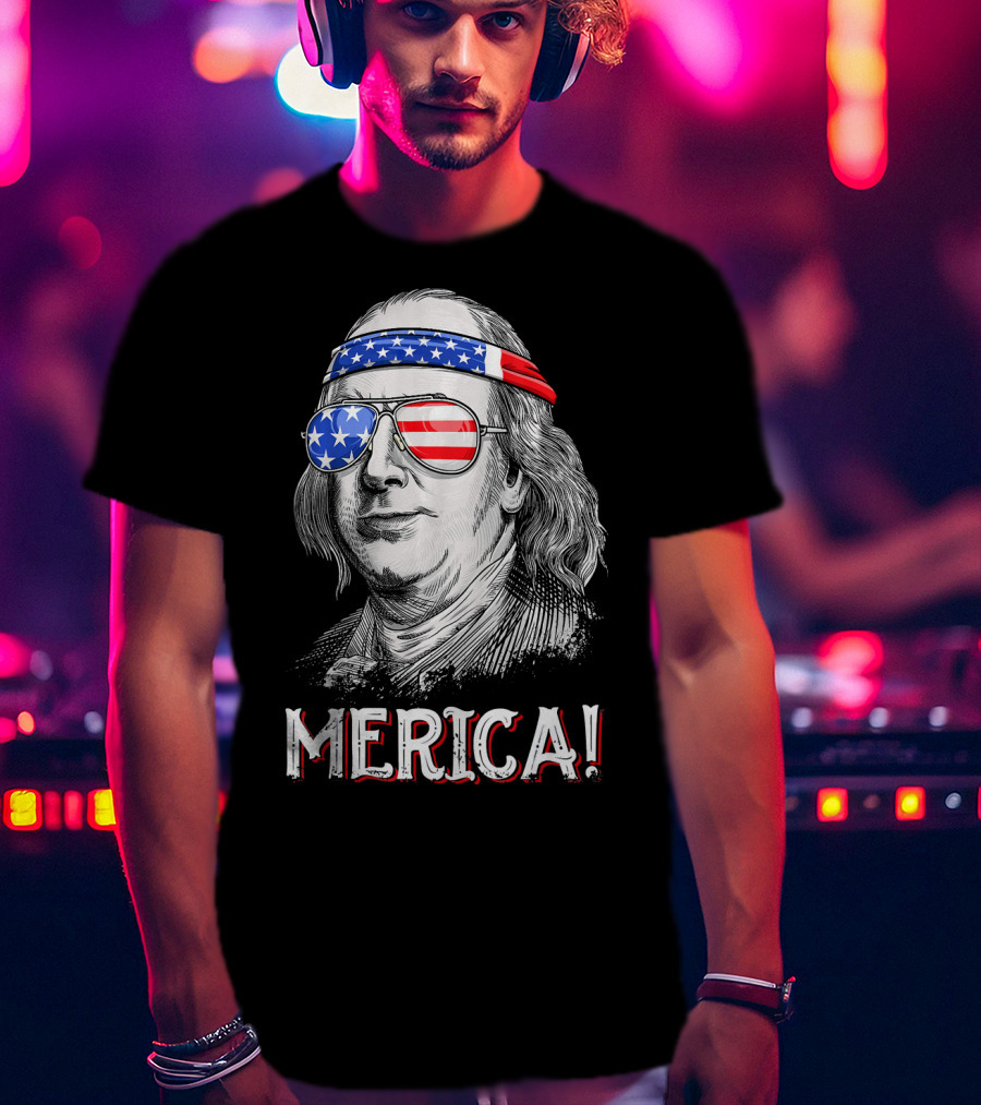 Benjamin Franklin Merica Patriotic USA Bandana Sunglasses T-Shirt