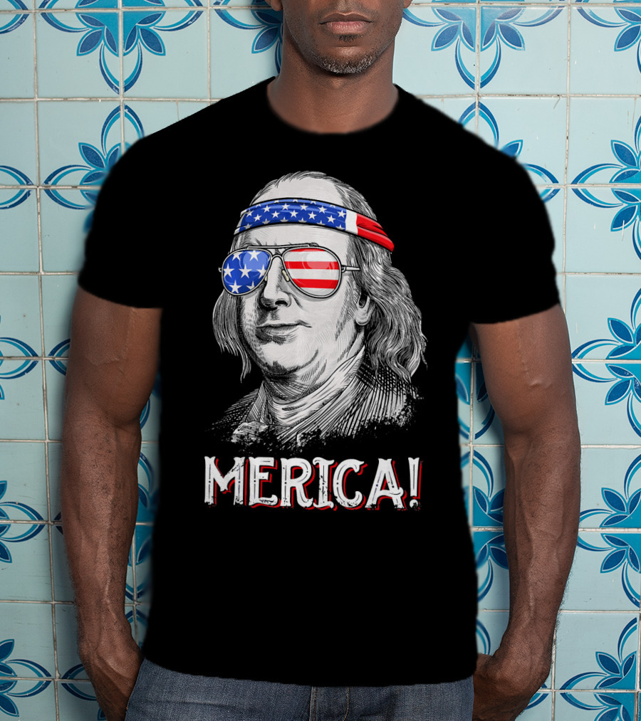 Benjamin Franklin Merica Patriotic USA Bandana Sunglasses T-Shirt