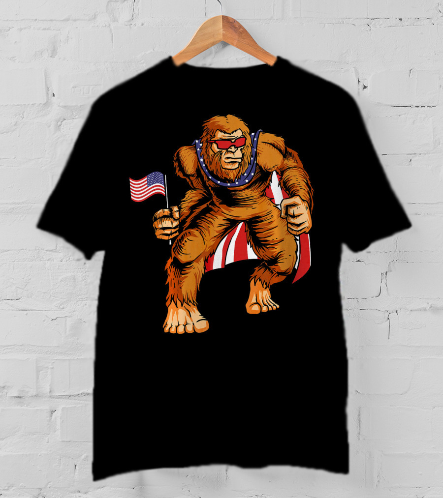 Bigfoot Patriotic American Flag Sunglasses Flag-Waving Stance T-Shirt