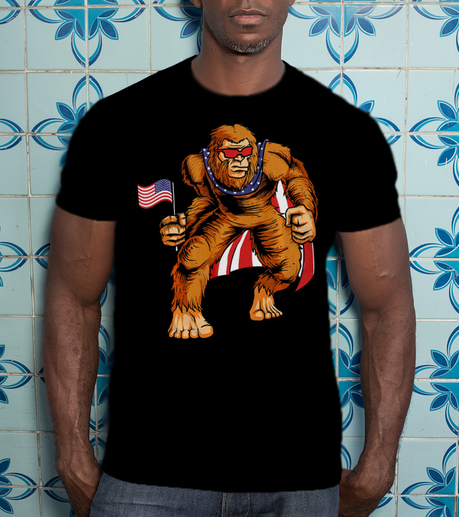 Bigfoot Patriotic American Flag Sunglasses Flag-Waving Stance T-Shirt