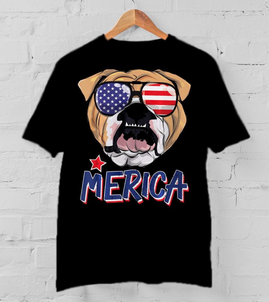 English Bulldog Sunglass Merica American Flag T-Shirt