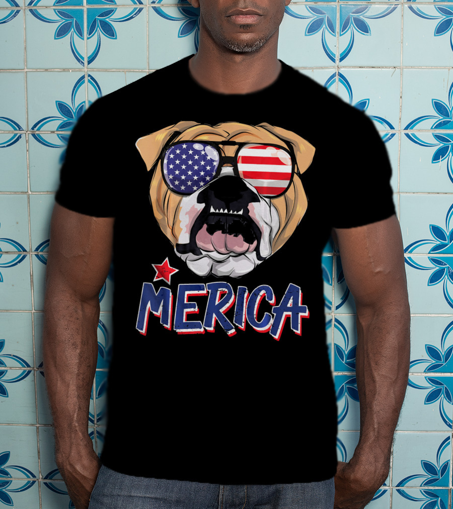 English Bulldog Sunglass Merica American Flag T-Shirt