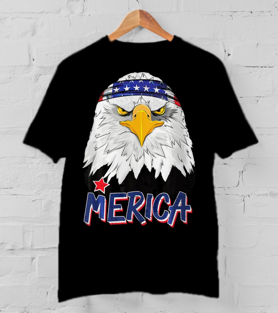 Merica Patriotic American Bald Eagle With Star-Spangled Headband T-Shirt