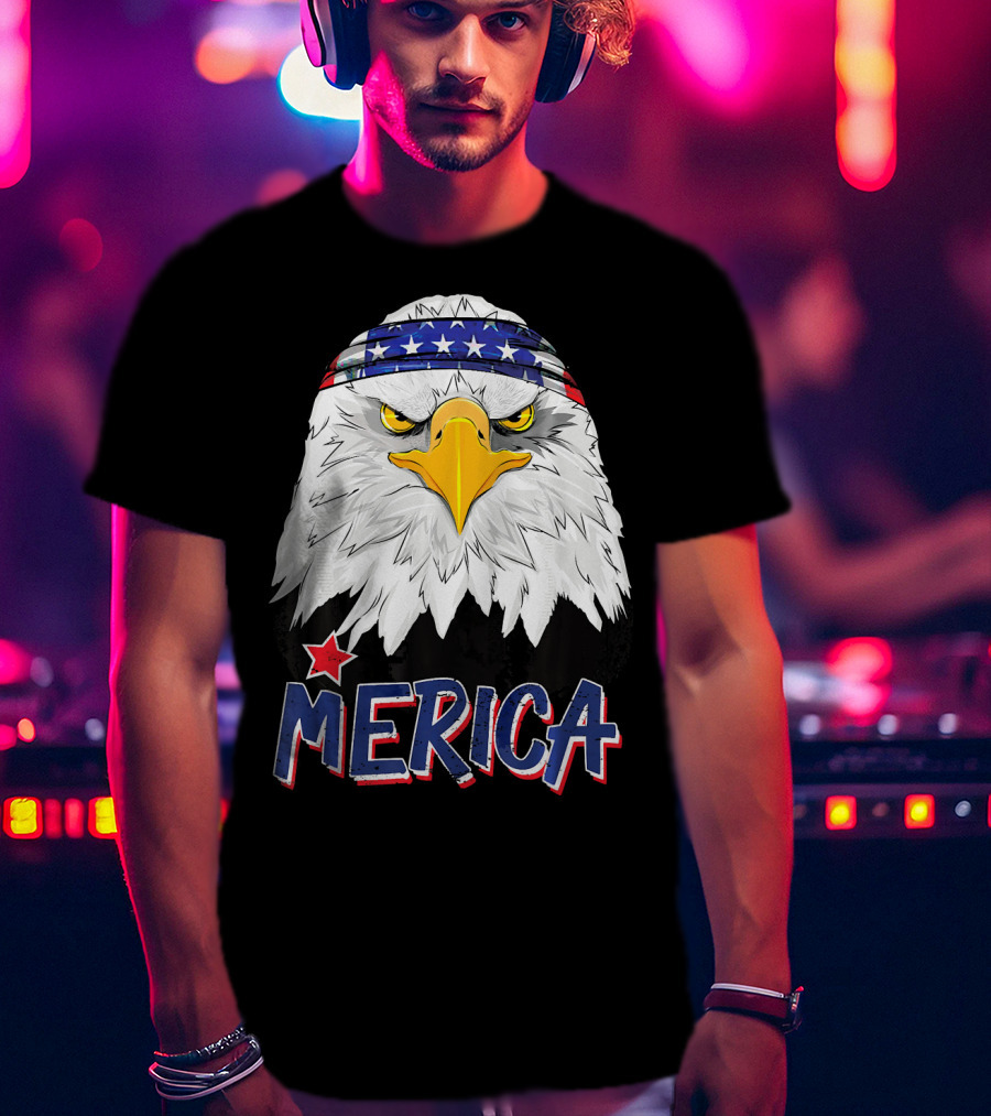 Merica Patriotic American Bald Eagle With Star-Spangled Headband T-Shirt
