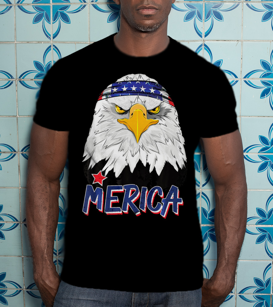 Merica Patriotic American Bald Eagle With Star-Spangled Headband T-Shirt