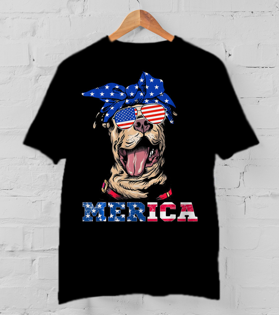 Merica American Flag Pitbull Wearing Bandana And Sunglasses T-Shirt