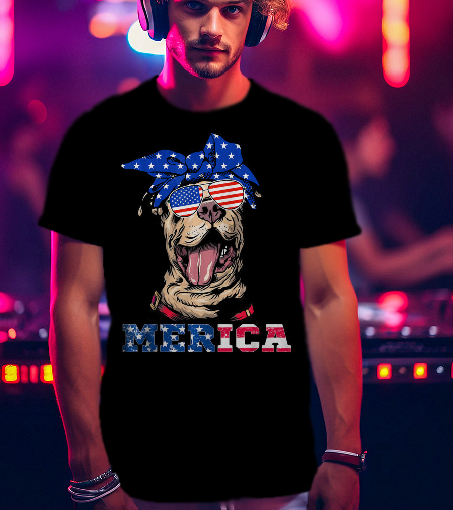 Merica American Flag Pitbull Wearing Bandana And Sunglasses T-Shirt