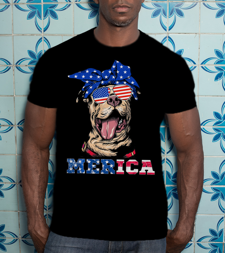 Merica American Flag Pitbull Wearing Bandana And Sunglasses T-Shirt