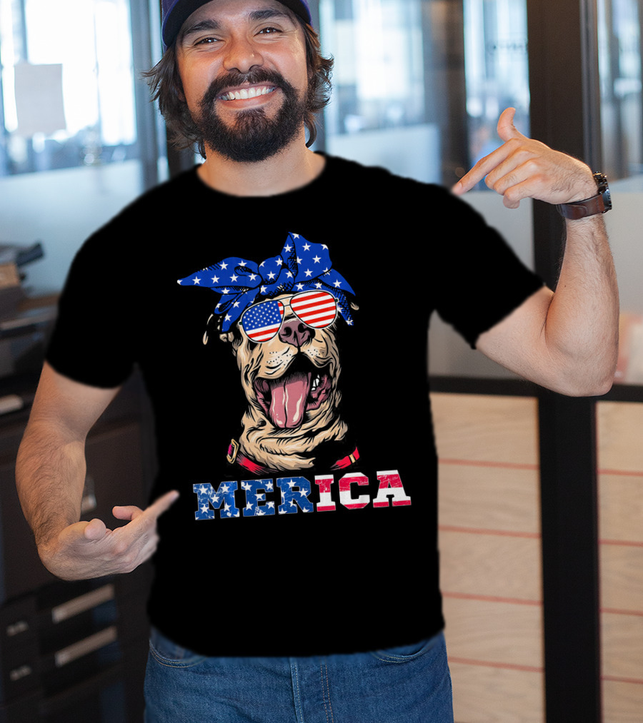Merica American Flag Pitbull Wearing Bandana And Sunglasses T-Shirt