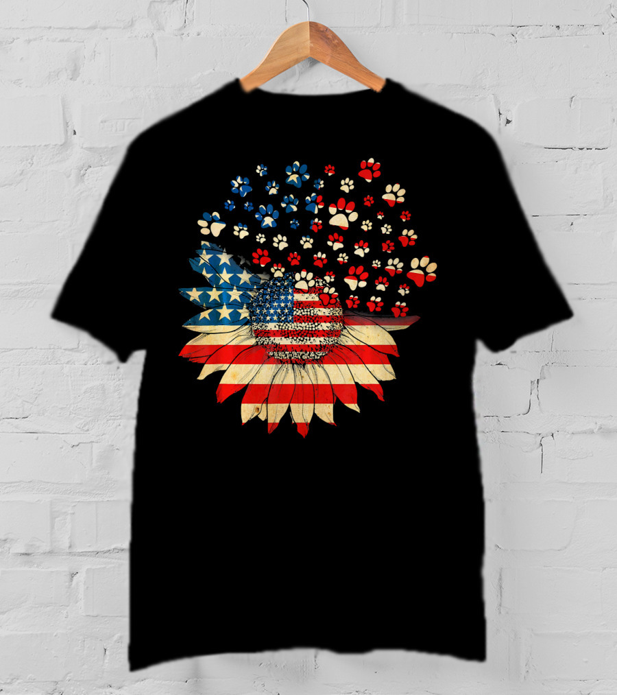 American Flag Sunflower With Dog Paw T-Shirt