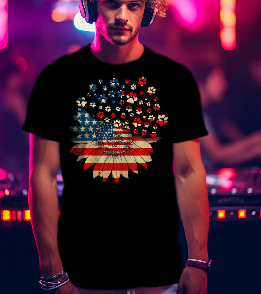 American Flag Sunflower With Dog Paw T-Shirt