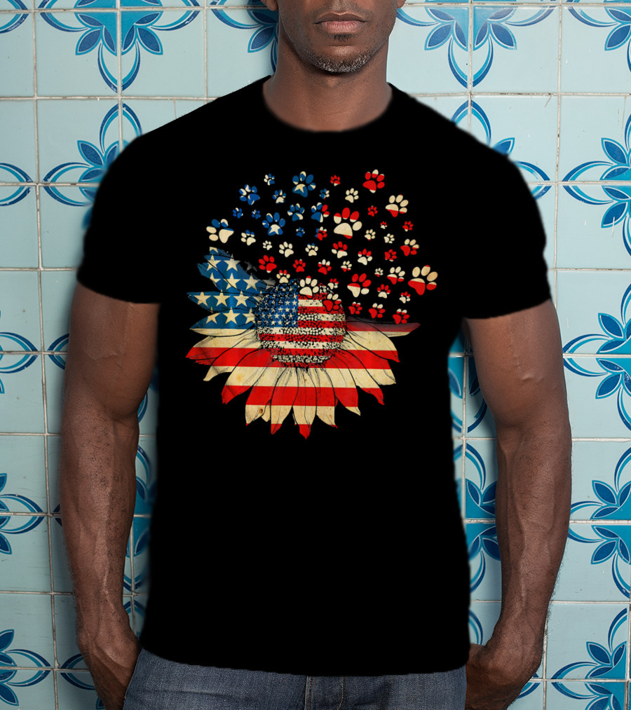 American Flag Sunflower With Dog Paw T-Shirt