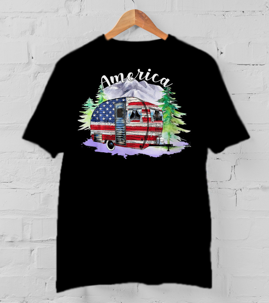 America Camping Van With USA Flag And Mountains For Fourth Of July T-Shirt