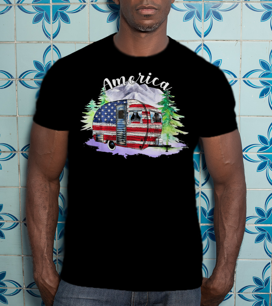 America Camping Van With USA Flag And Mountains For Fourth Of July T-Shirt