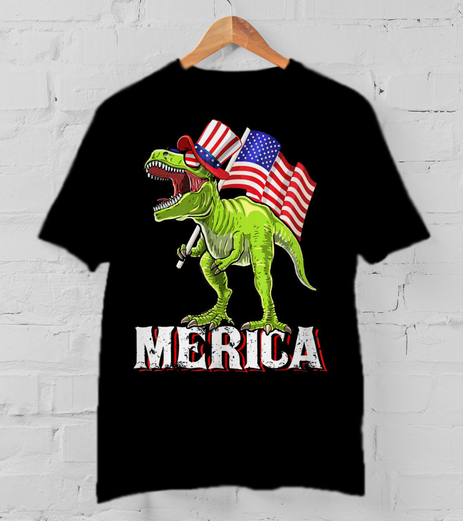 'Merica Patriotic Rex Dinosaur With American Flags And Hat T-Shirt
