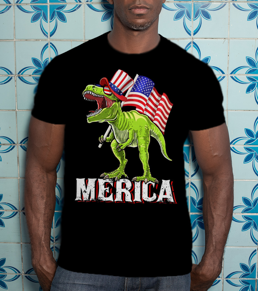 'Merica Patriotic Rex Dinosaur With American Flags And Hat T-Shirt
