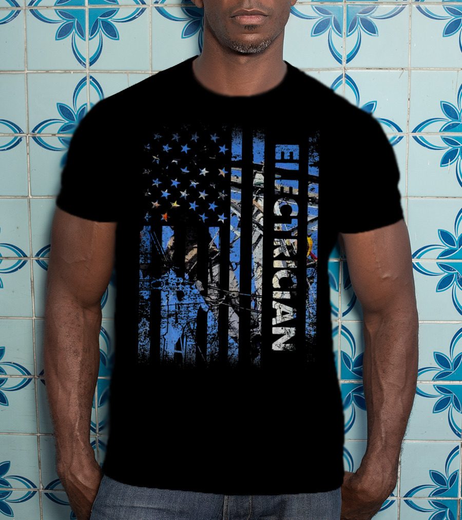 American Flag Patriotic Electrician Silhouette T-Shirt