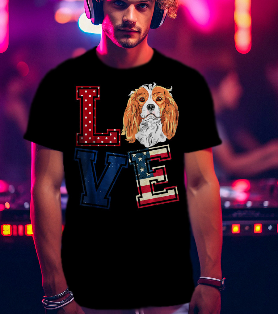 LOVE Cavalier King Charles Spaniel American Flag Face T-Shirt